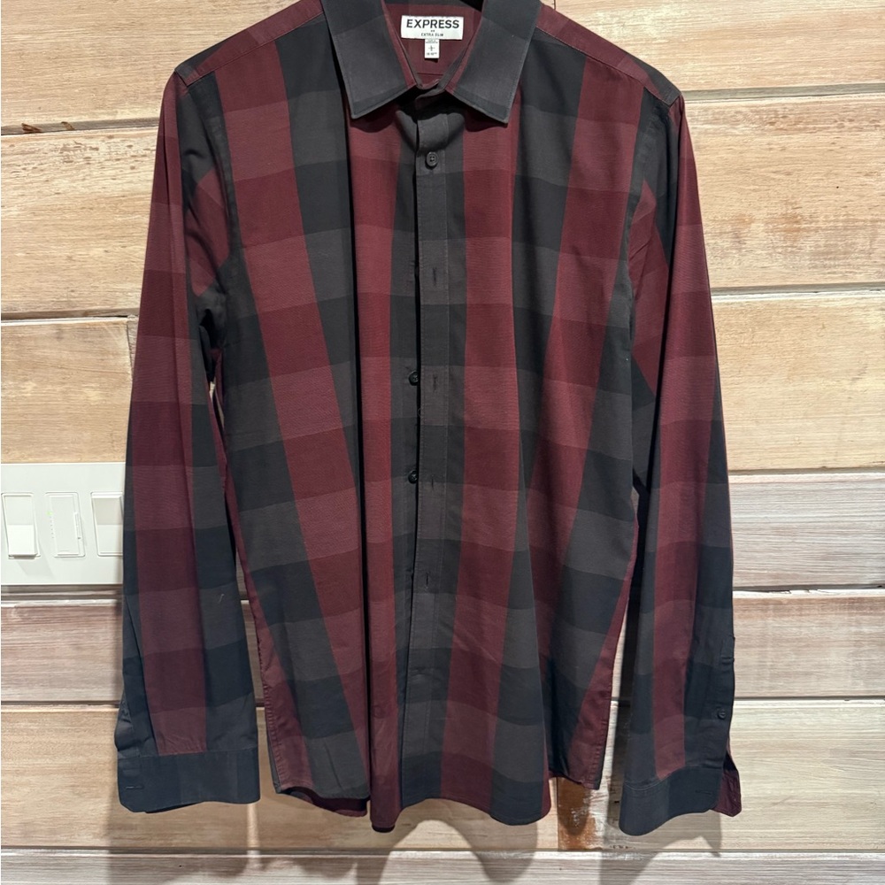 Express Red and Black Casual Button Down Shirt Size L